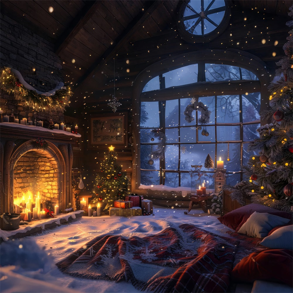 Weihnachtskamin Fotokulisse Kerzenbeleuchtetes Winterfenster Kulisse BRP11-213