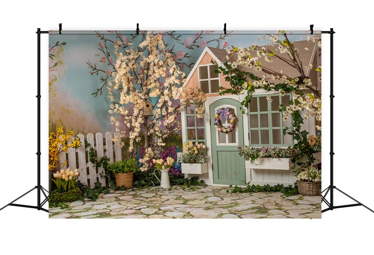 Hintergrund für Ostern Cottage Garden Blooming Trees Hintergrund BRP11-354