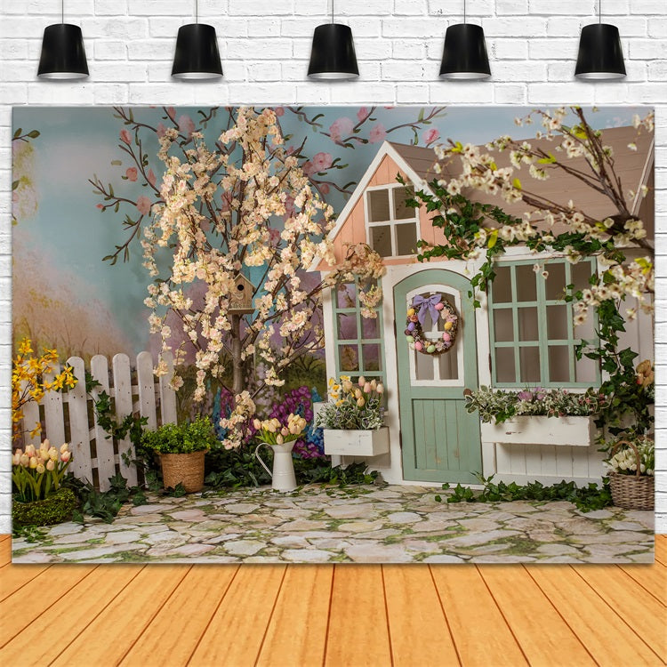 Hintergrund für Ostern Cottage Garden Blooming Trees Hintergrund BRP11-354