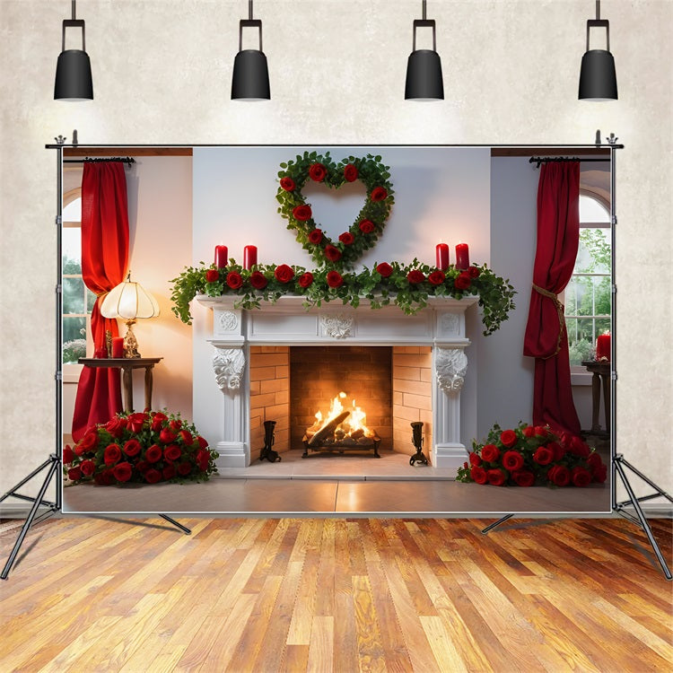 Valentinstag Backdrop Ideen Weißer Kamin Rosen Dekor Backdrop BRP11-422