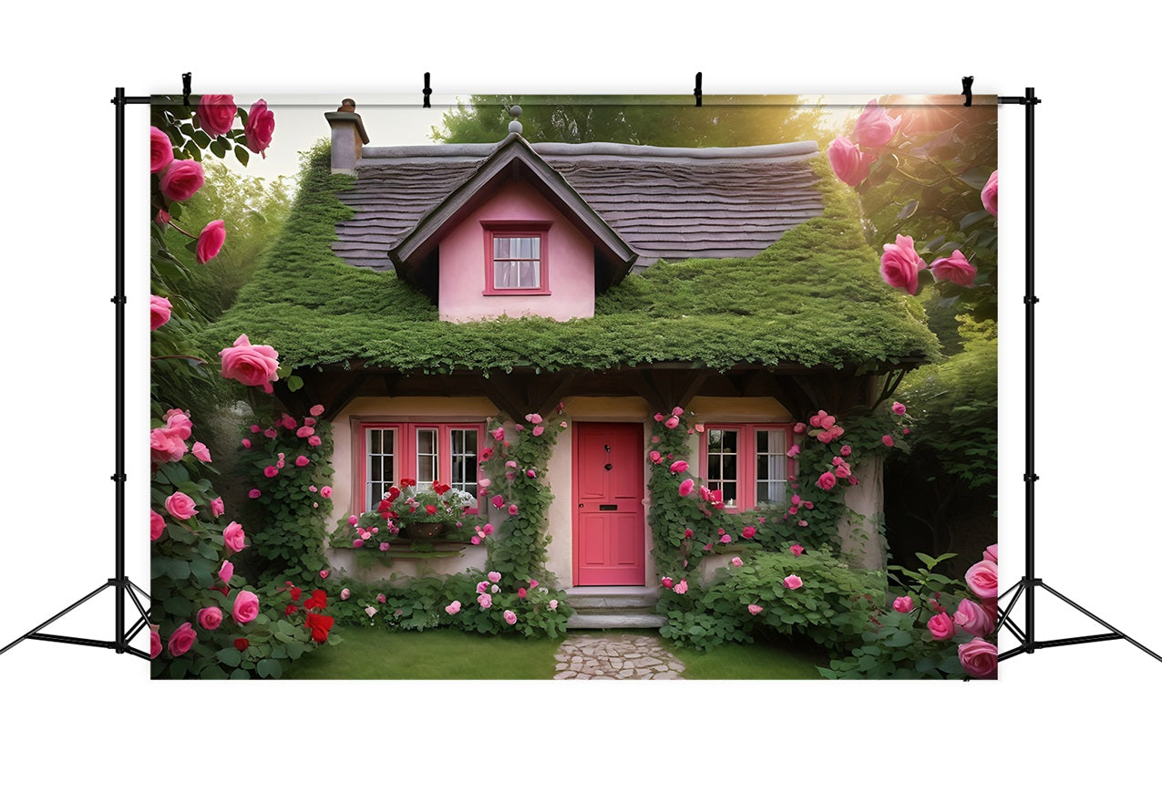 Valentinstag Fotokulissen Rosa Landhaus Umgeben von Rosen Hintergrund BRP11-433