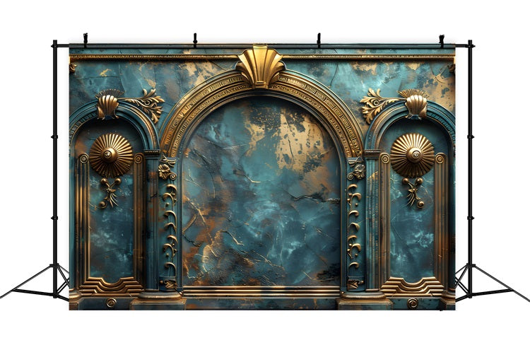 Backdrop Vintage Teal Retro Wand Gold Schnitzereien Backdrop BRP11-588