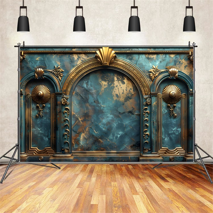 Backdrop Vintage Teal Retro Wand Gold Schnitzereien Backdrop BRP11-588