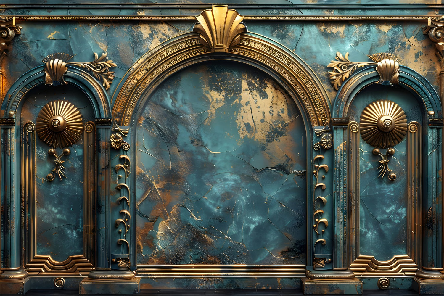 Backdrop Vintage Teal Retro Wand Gold Schnitzereien Backdrop BRP11-588
