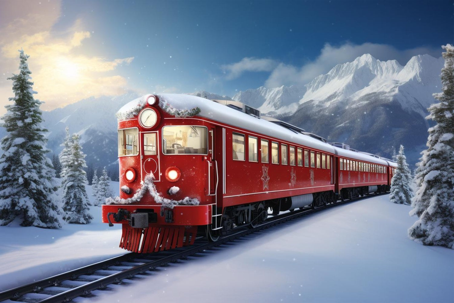 Winterszenen Hintergrund Roter Zug Schneebedeckte Berge Hintergrund BRP11-59
