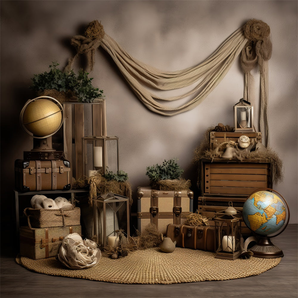 Vintage Backdrop Fotografie Antike Gepäck Weltkugeln Hintergrund BRP11-592