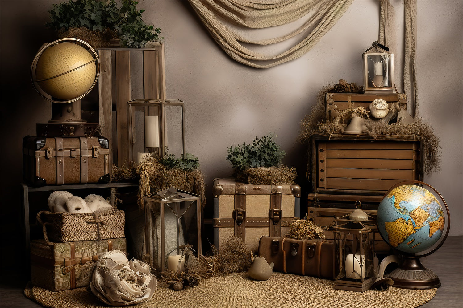 Vintage Backdrop Fotografie Antike Gepäck Weltkugeln Hintergrund BRP11-592