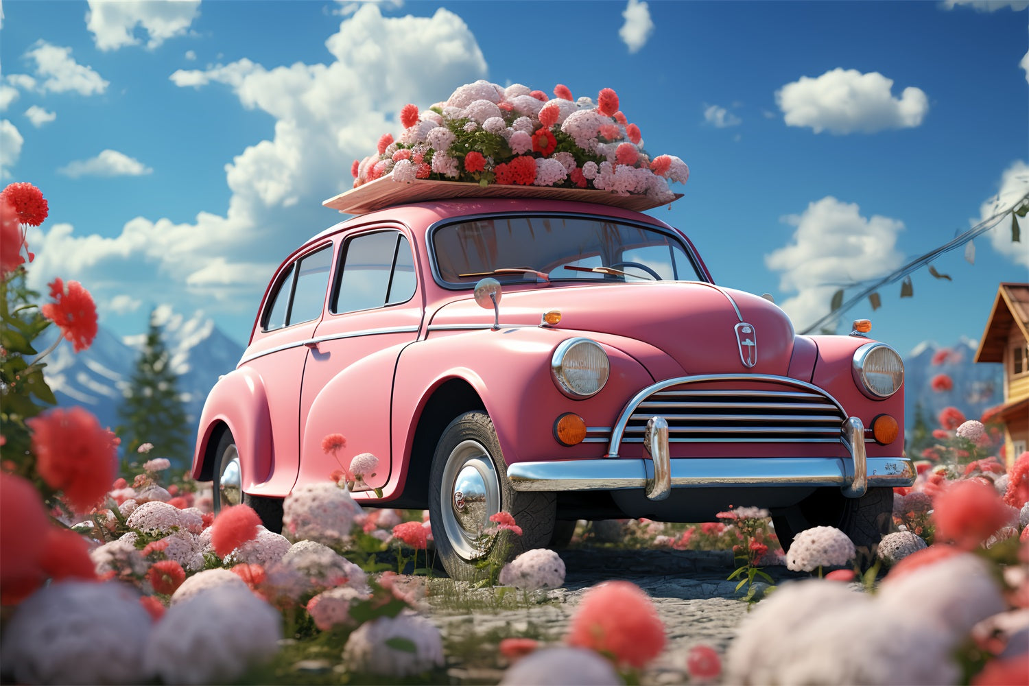 Backdrop für Valentinstag Floral-geschmückt Rosa Auto Hintergrund BRP12-178