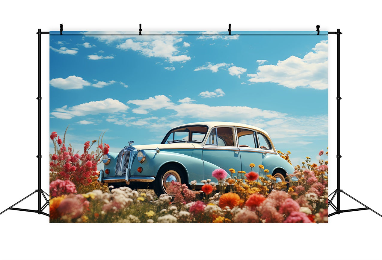 Backdrop Valentinstag Blaues Auto Blumenfeld Backdrop BRP12-179
