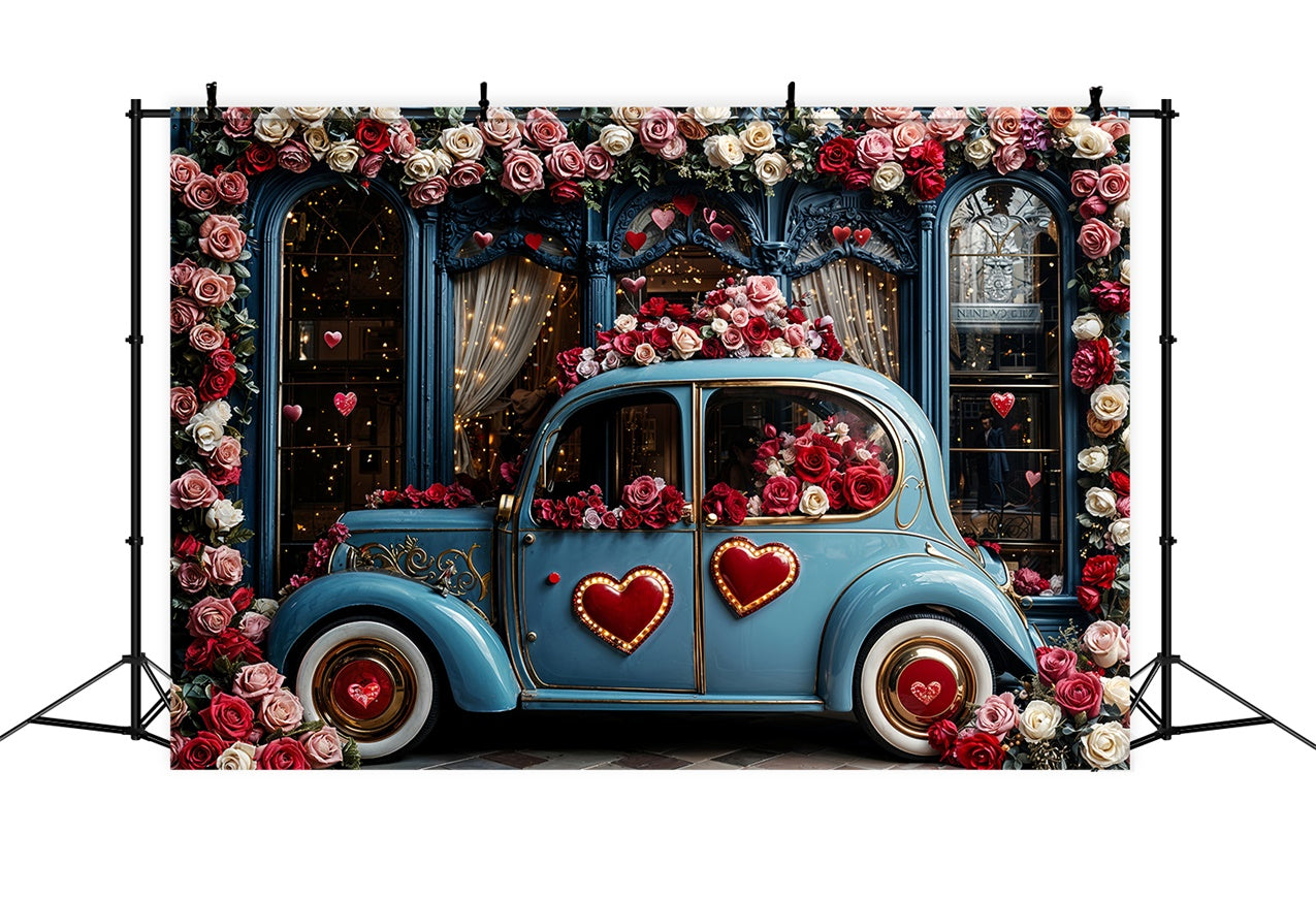 Valentinstag Backdrop Liebe-Thema Blaues Auto Floral Backdrop BRP12-259