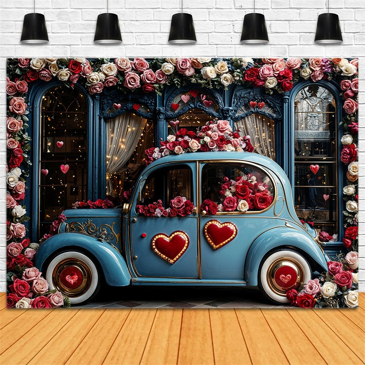 Valentinstag Backdrop Liebe-Thema Blaues Auto Floral Backdrop BRP12-259
