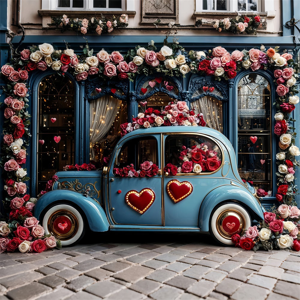 Valentinstag Backdrop Liebe-Thema Blaues Auto Floral Backdrop BRP12-259