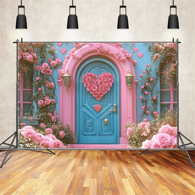 Valentinstag Backdrops Rosa Rose Herz Blaue Tür Backdrop BRP12-261