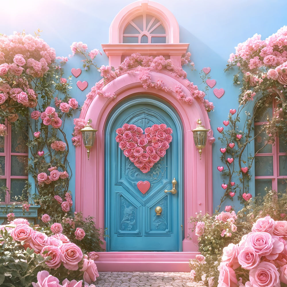 Valentinstag Backdrops Rosa Rose Herz Blaue Tür Backdrop BRP12-261
