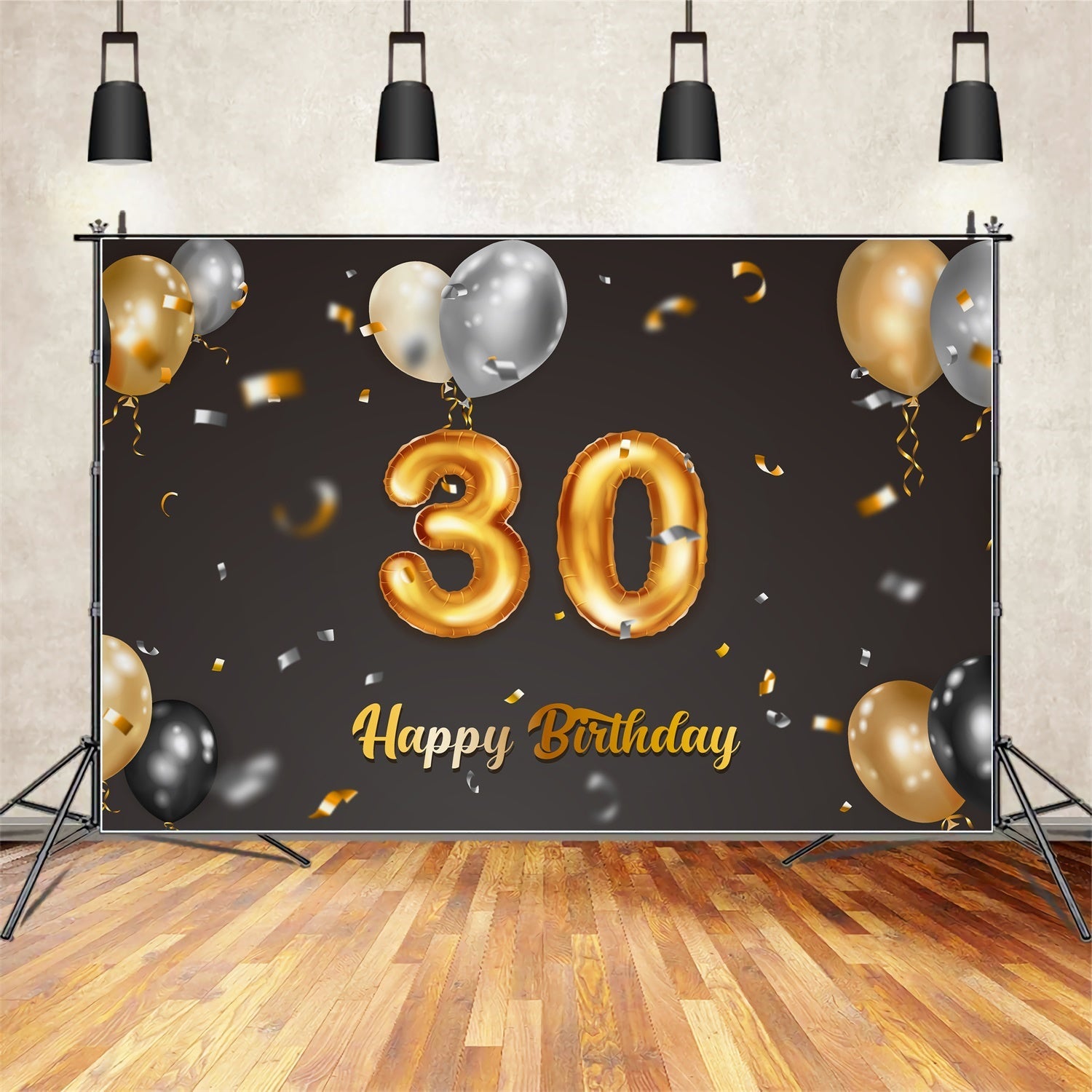 30. Geburtstag Fotohintergrund Klassisch Schwarz Gold Luftballons Backdrop BRP12-268
