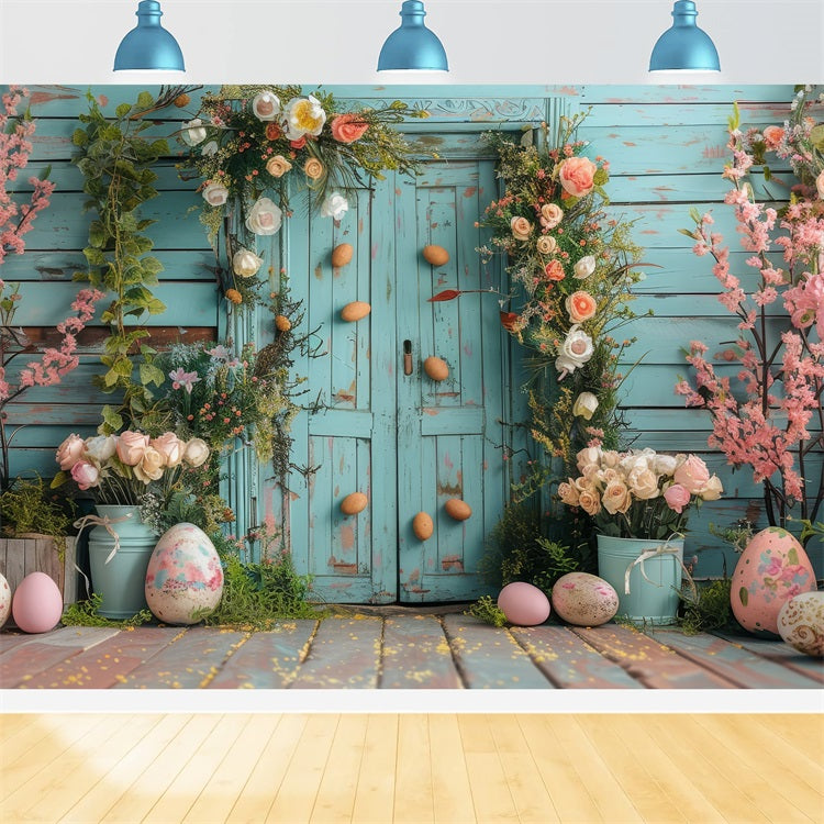 Ostern Backdrop Hellblau Tür Vibrant Floral Ostern Hintergrund BRP12-409