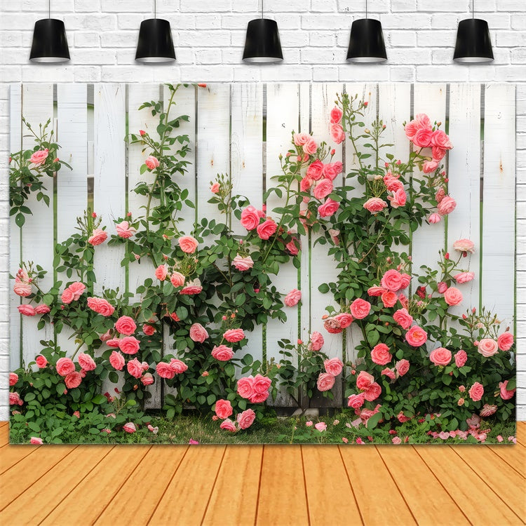 Hintergrund mit Blumenmotiv Weißer Holzzaun Kletternde Rosen Hintergrund BRP12-560