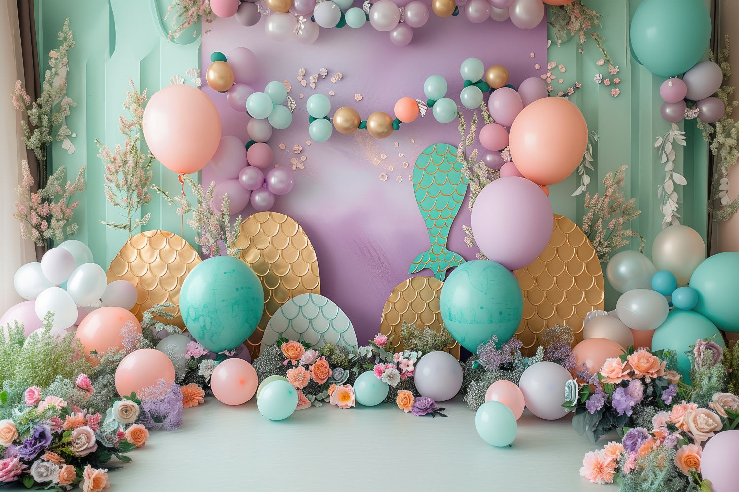 Meerjungfrau Party Backdrops Ozeanische Fantasie Ballon Blume Backdrop BRP12-83