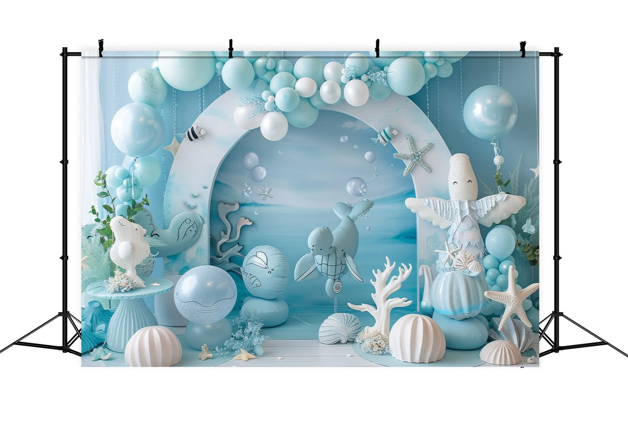 Meerjungfrau Geburtstag Backdrop Ozeanische Kreaturen Blau Ballon Backdrop BRP12-90