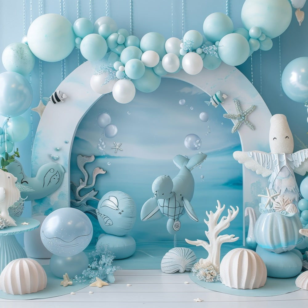 Meerjungfrau Geburtstag Backdrop Ozeanische Kreaturen Blau Ballon Backdrop BRP12-90