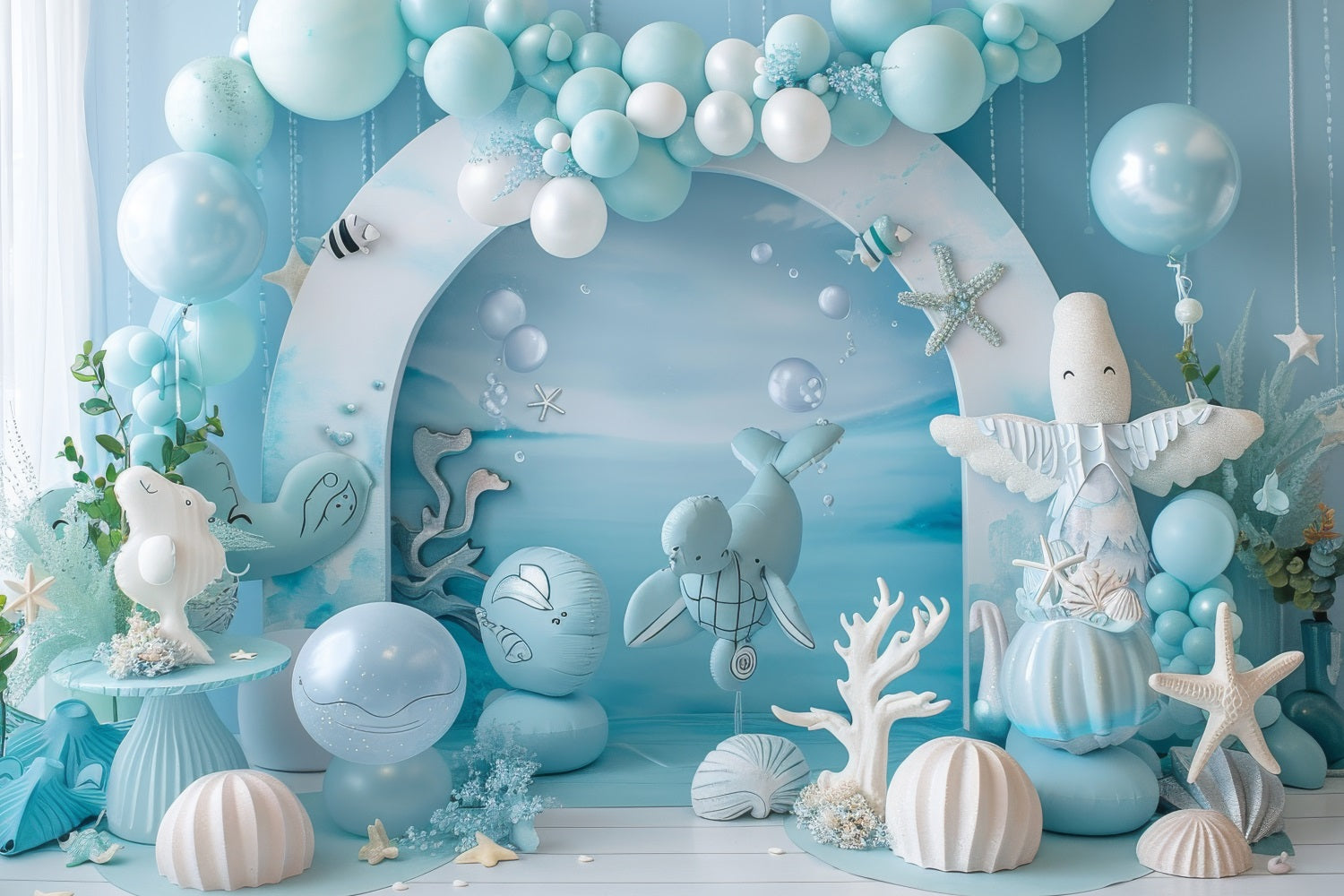 Meerjungfrau Geburtstag Backdrop Ozeanische Kreaturen Blau Ballon Backdrop BRP12-90