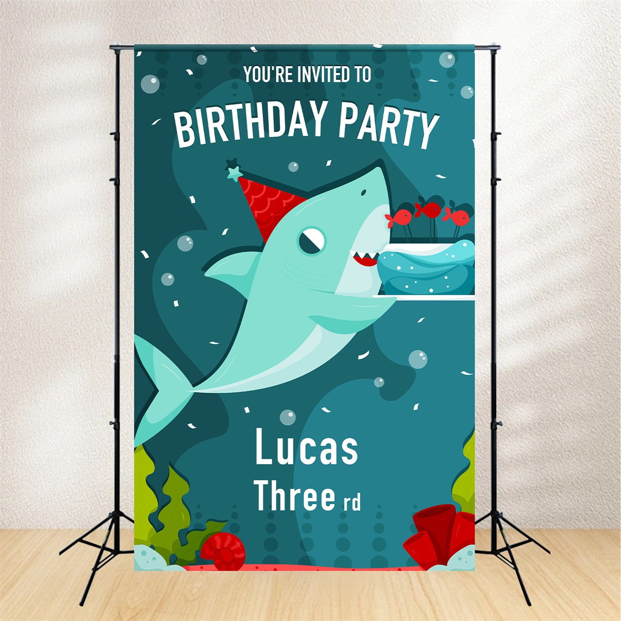 Personalisierte Geburtstag Backdrop 3. Cartoon Hai Backdrop BRP2-107