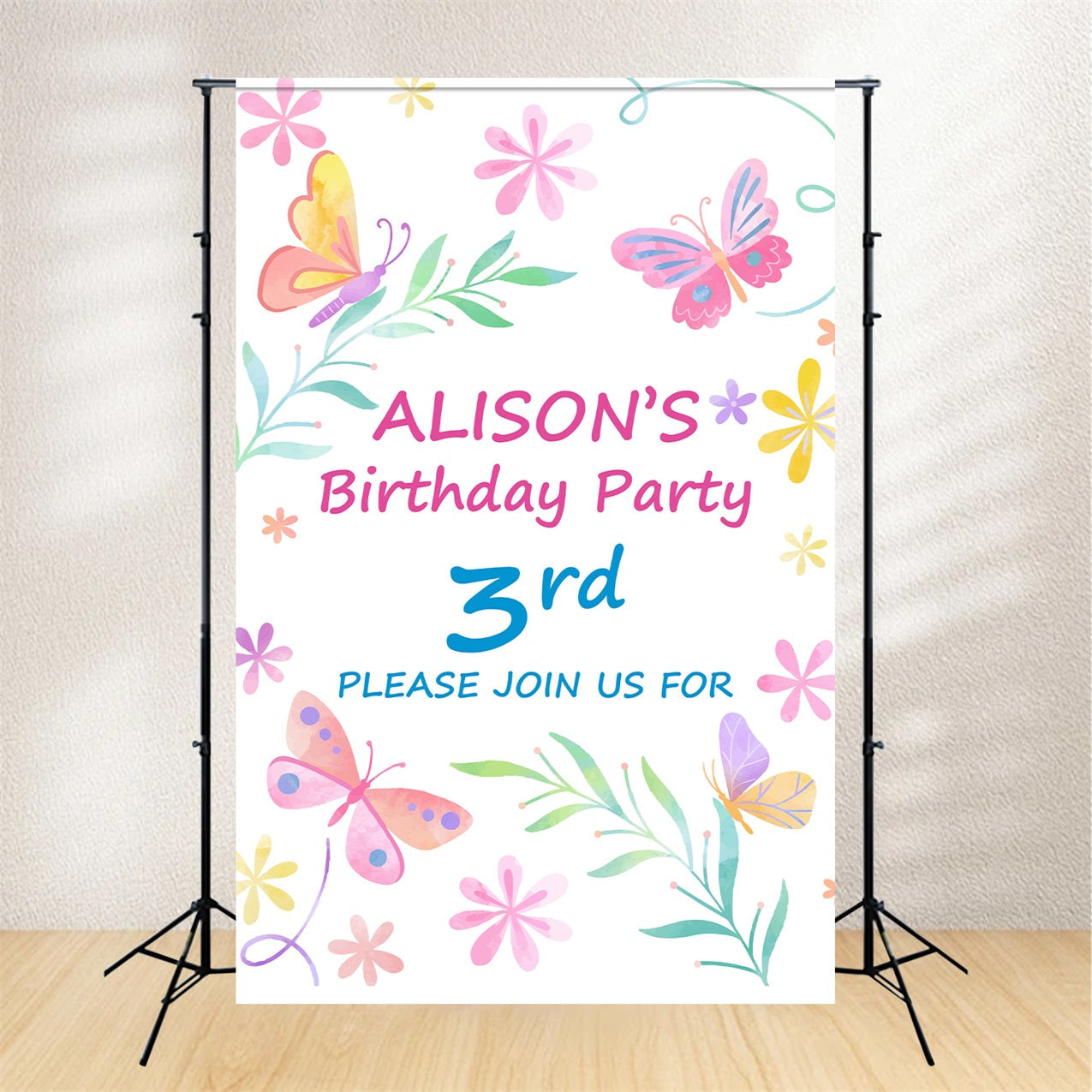 Personalisierte Backdrop für Geburtstag 3. Aquarell Schmetterling Garten Backdrop BRP2-116