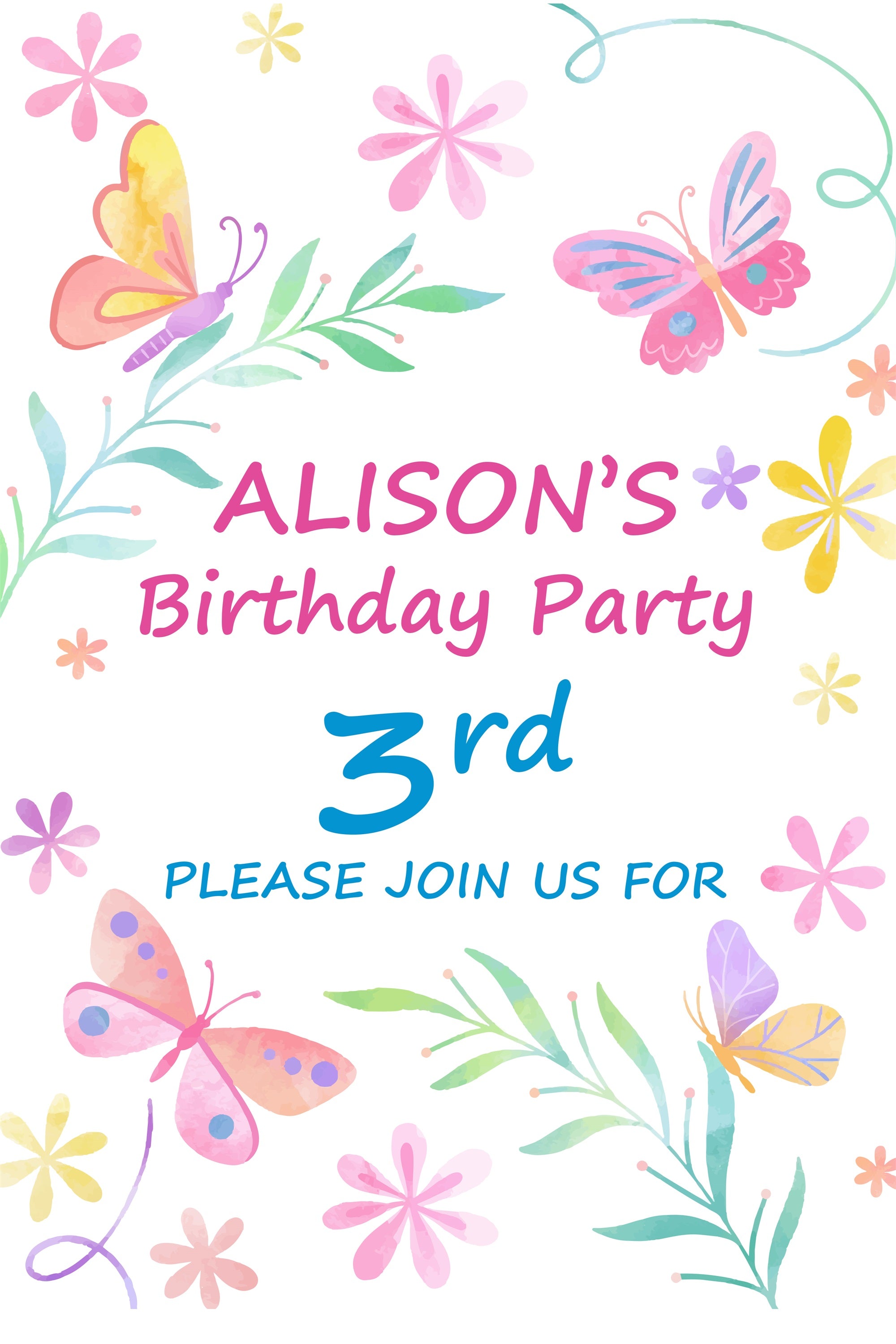 Personalisierte Backdrop für Geburtstag 3. Aquarell Schmetterling Garten Backdrop BRP2-116