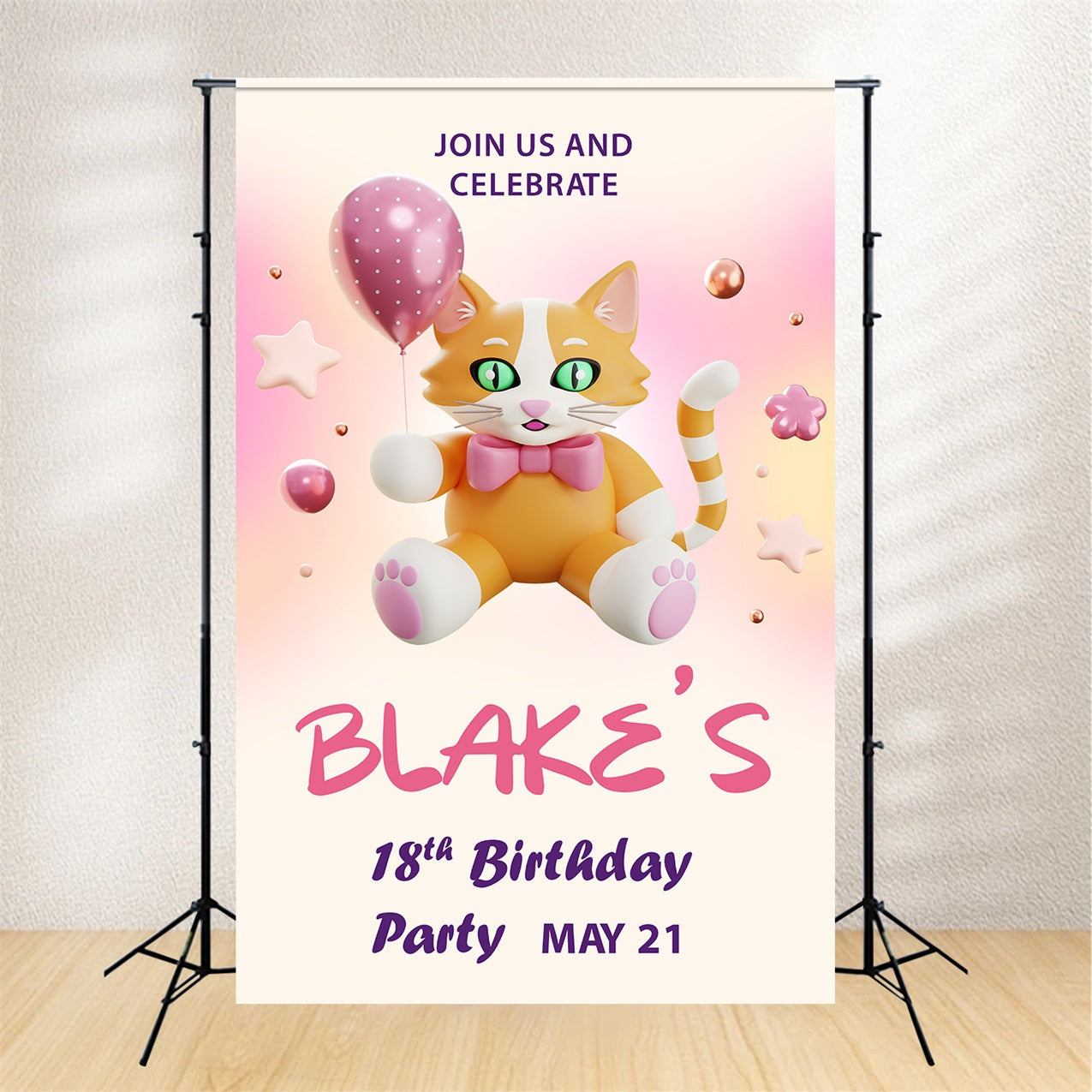 Customized Birthday Backdrop Katze Ballon 18. Backdrop BRP2-170