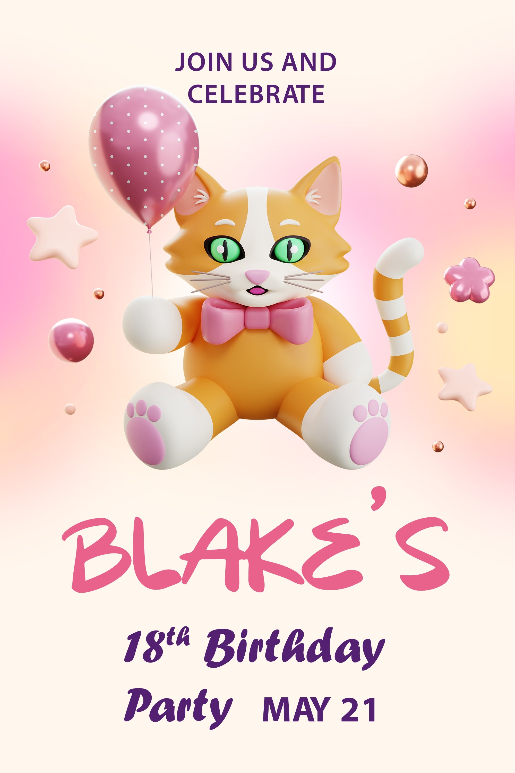 Customized Birthday Backdrop Katze Ballon 18. Backdrop BRP2-170