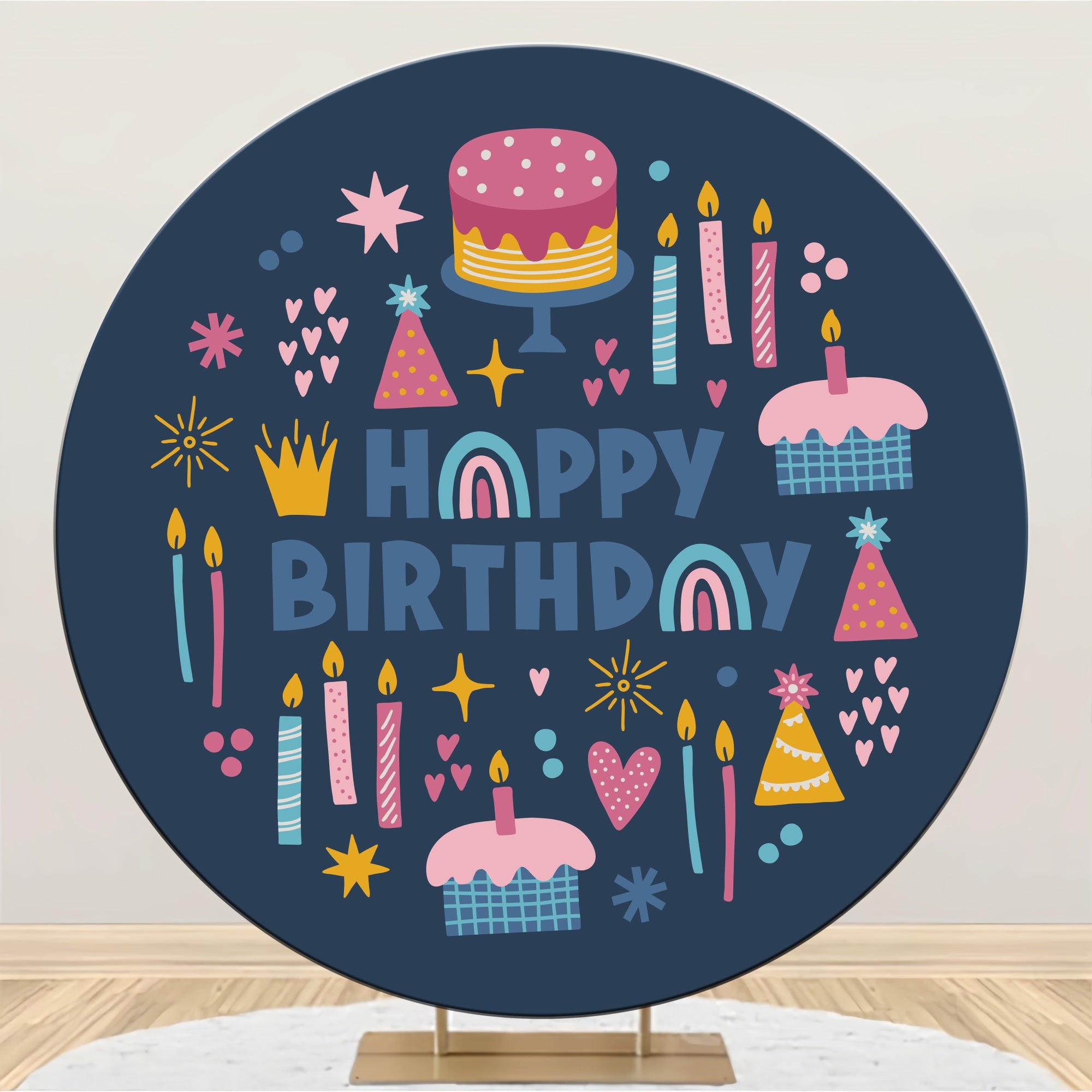 Personalisierte Backdrop Geburtstag Bunte Kerzen Kuchen Runde Backdrop BRP2-186