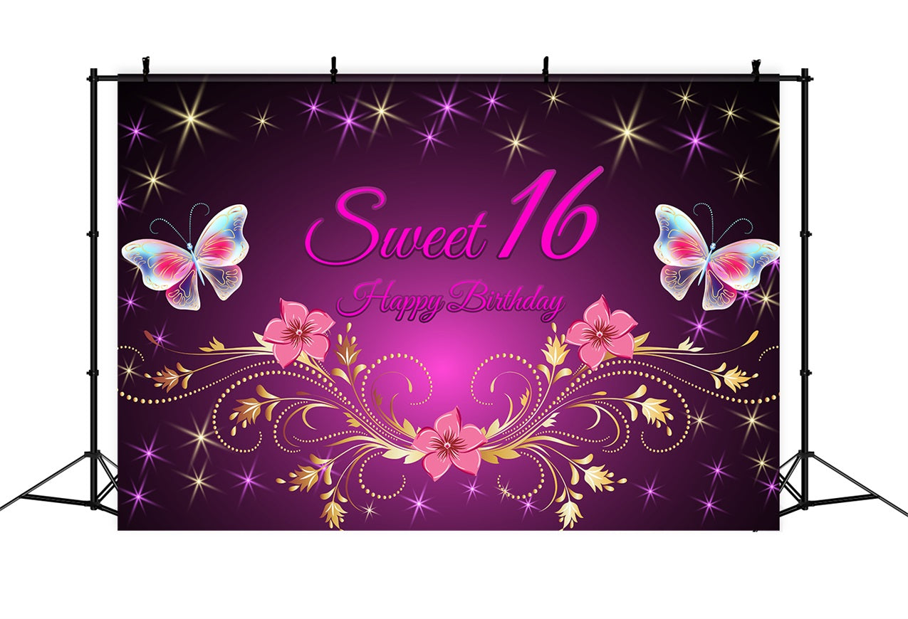 Custom Backdrop Geburtstag Lila Gold Floral Sweet 16 Backdrop BRP2-226