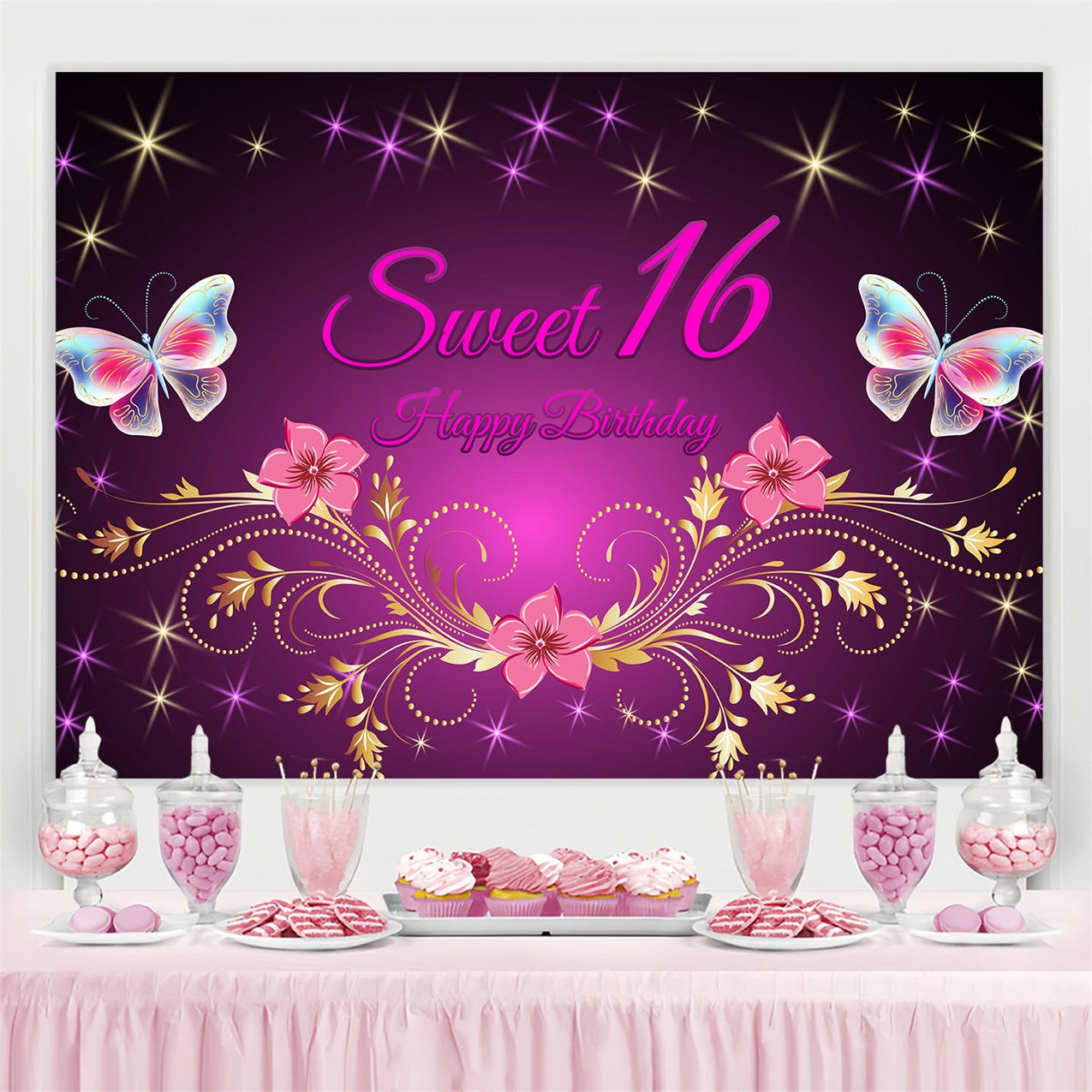 Custom Backdrop Geburtstag Lila Gold Floral Sweet 16 Backdrop BRP2-226