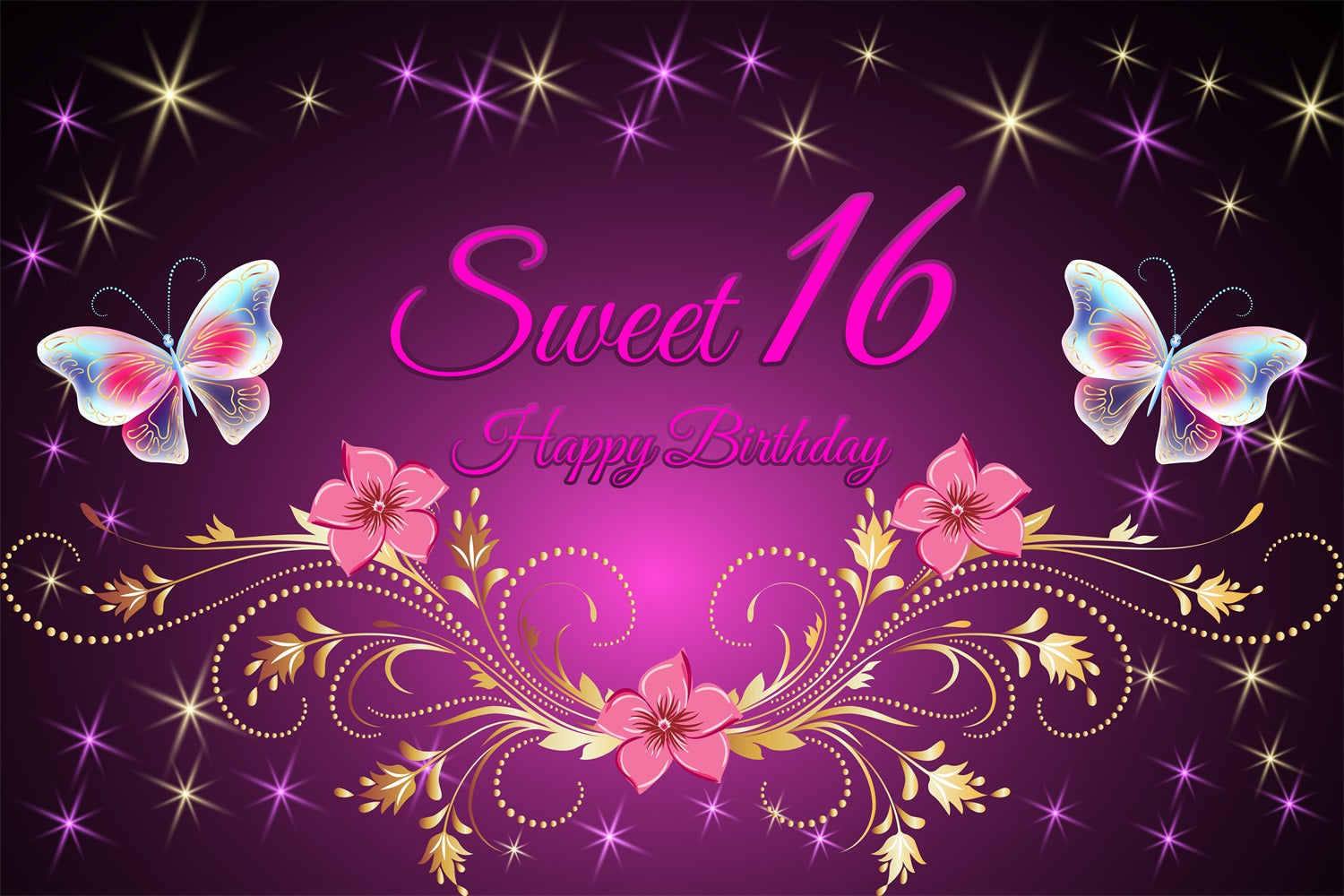 Custom Backdrop Geburtstag Lila Gold Floral Sweet 16 Backdrop BRP2-226