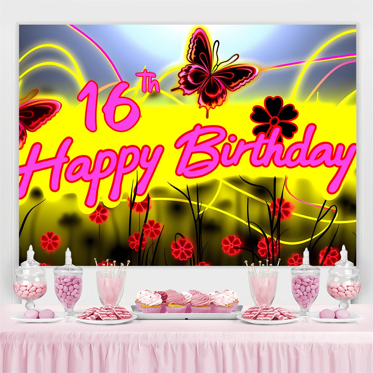 Geburtstag Backdrop Custom Neon Glow Schmetterling 16 Backdrop BRP2-227