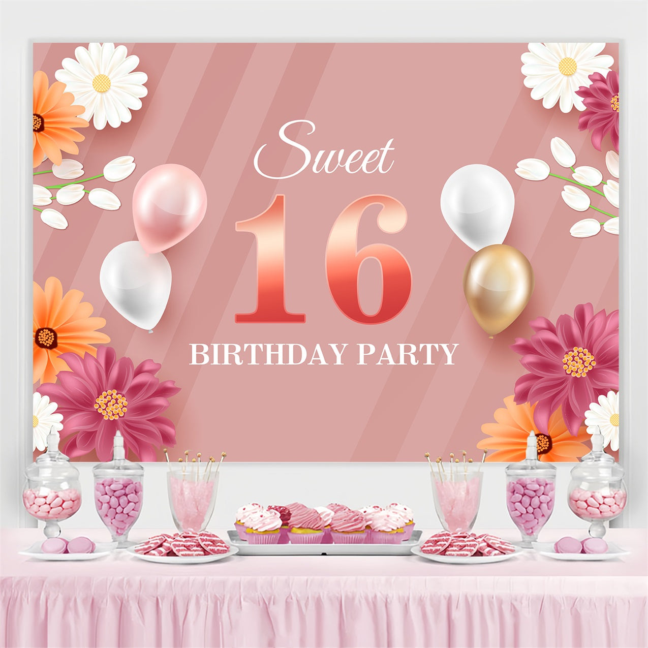 Personalisierte Backdrop Geburtstag Floral Sweet 16 Ballon Backdrop BRP2-228