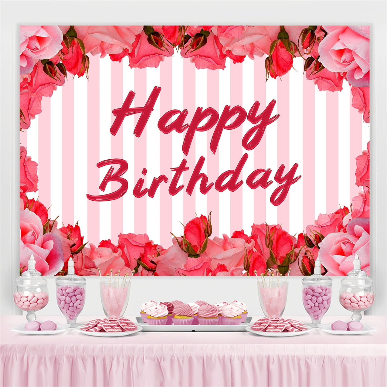 Individuelle Happy Birthday Backdrop rosa Rose gestreift Backdrop BRP2-247