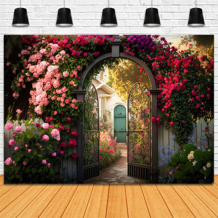 Floraler Hintergrund für Fotografie Gartentor Blühende Rose Hintergrund BRP2-87