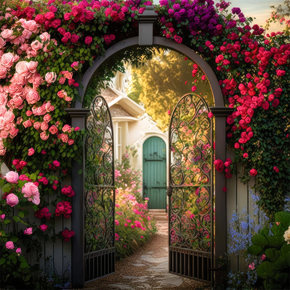 Floraler Hintergrund für Fotografie Gartentor Blühende Rose Hintergrund BRP2-87
