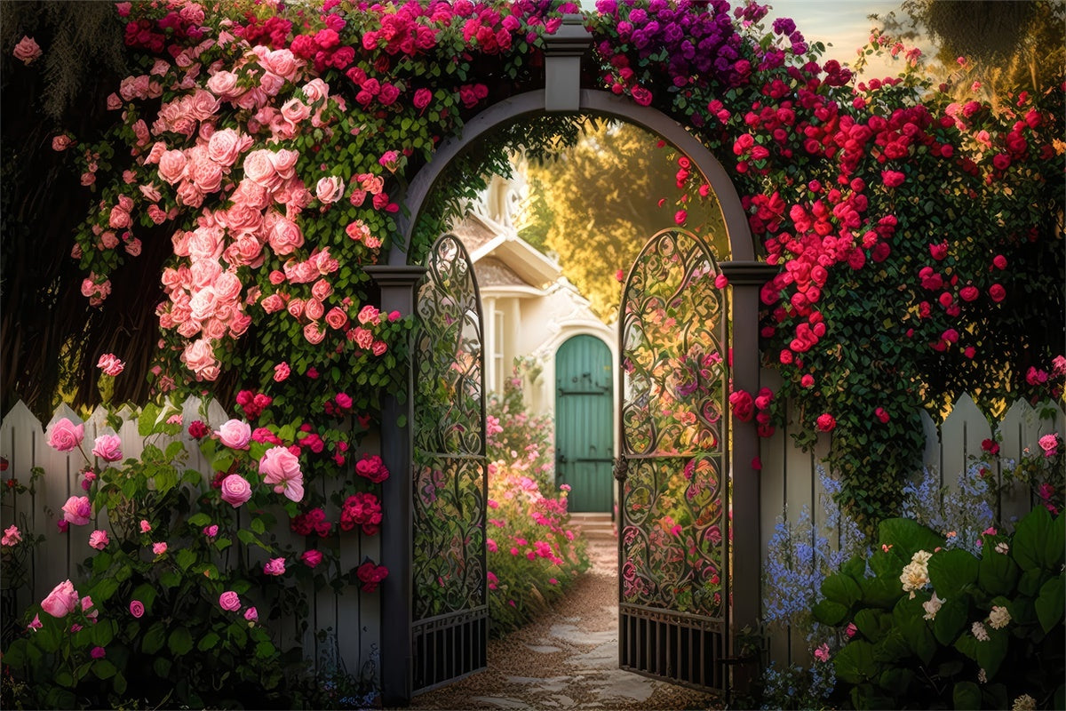 Floraler Hintergrund für Fotografie Gartentor Blühende Rose Hintergrund BRP2-87