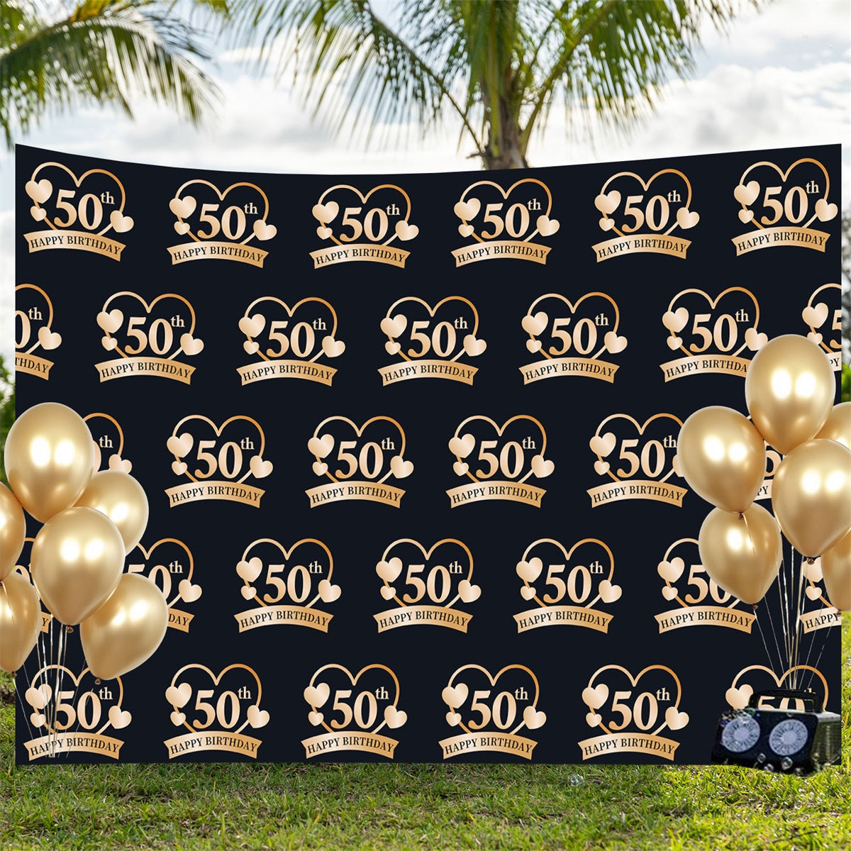Personalisierte 50. Geburtstag Backdrop Golden Hearts Backdrop BRP3-107