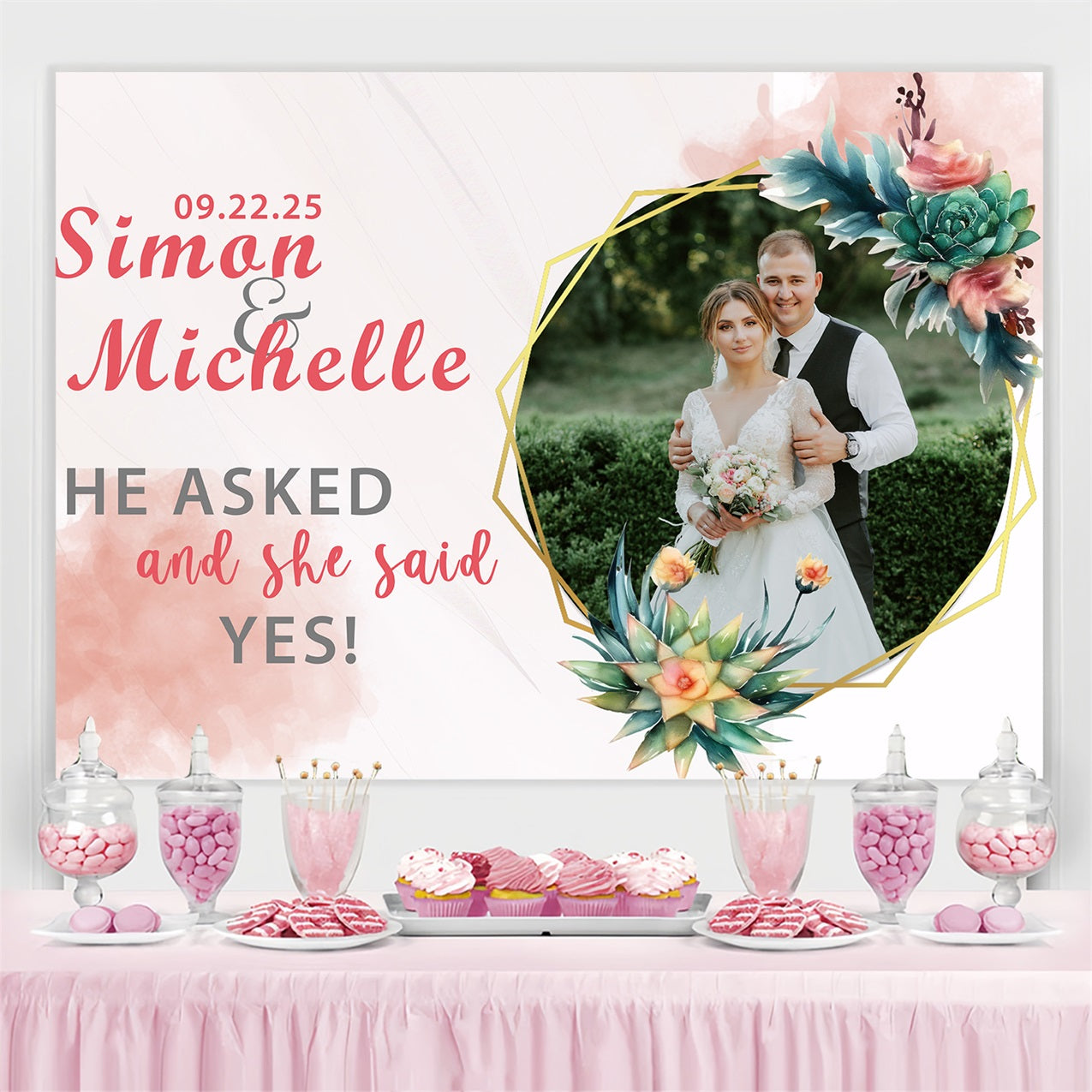 Fotokulisse Hochzeit Sukkulente Liebe Personalisierte Kulisse BRP3-196