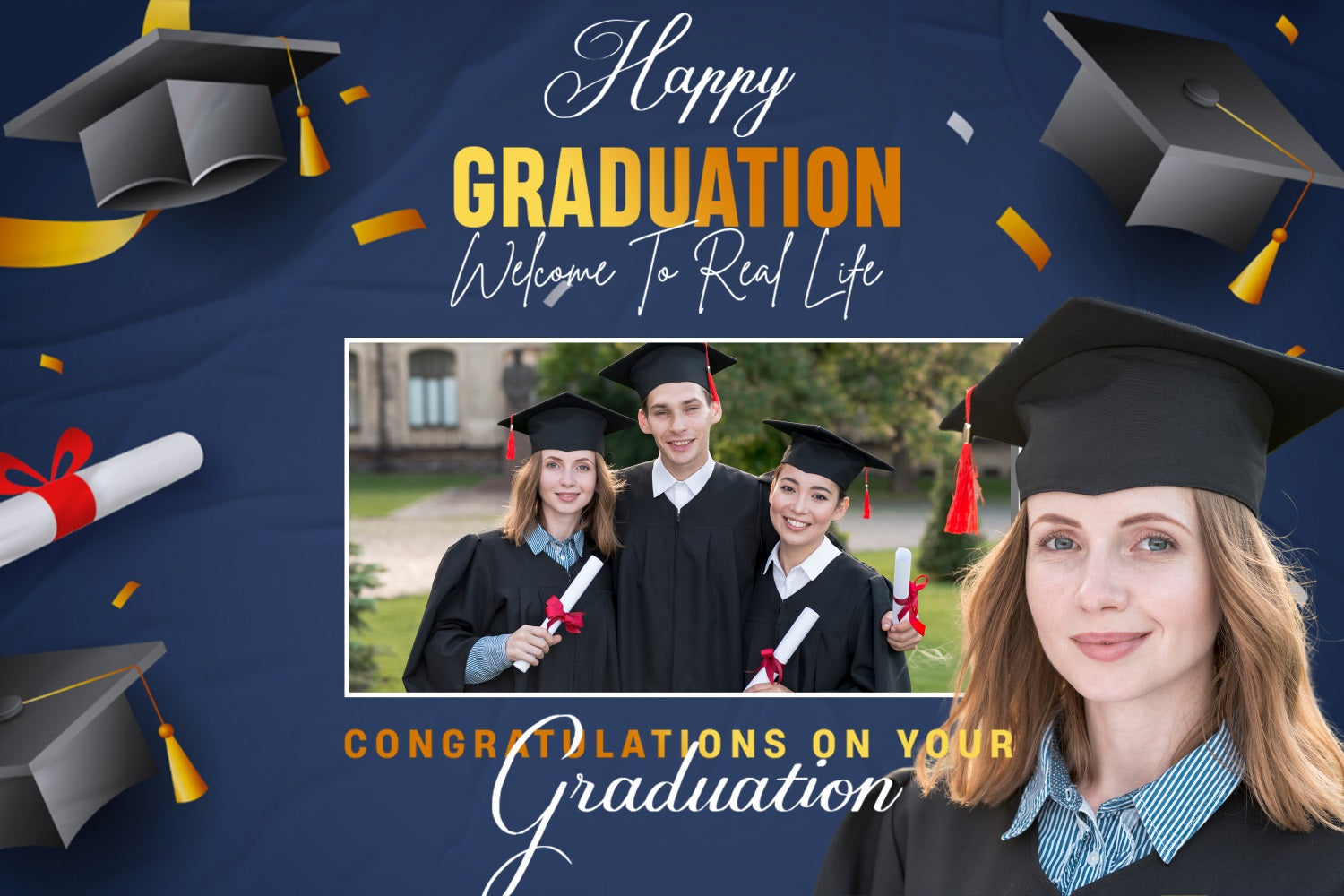 Blaue Graduation Backdrop Schwarz Graduation Cap Personalisierte Party Graduation Backdrop BRP3-234
