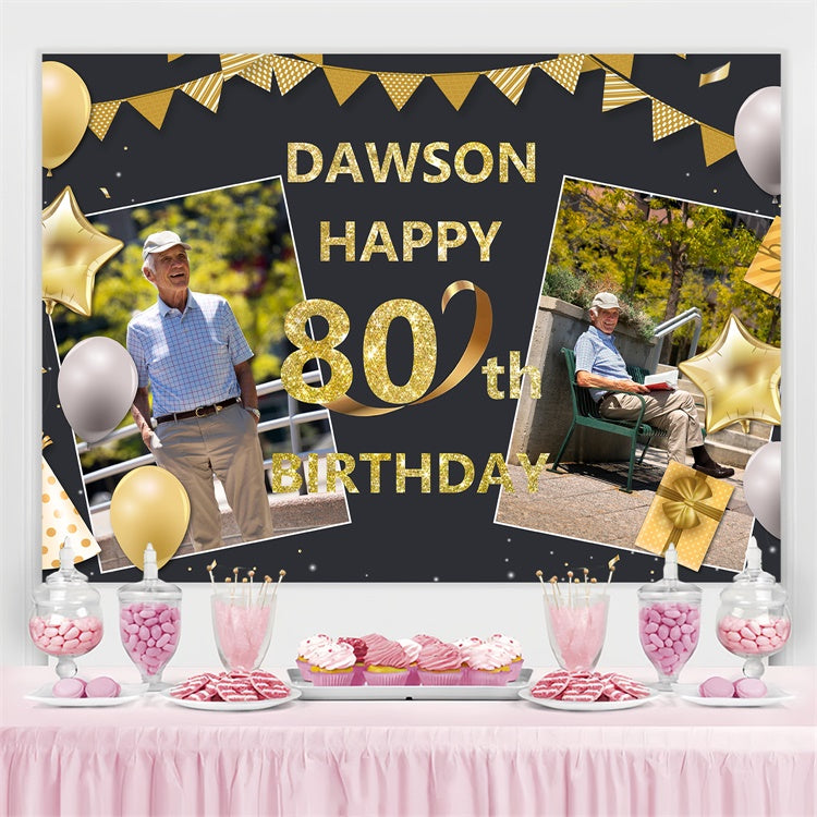 Benutzerdefinierte Made Geburtstag Backdrops Golden Ballon Banner 80th Backdrop BRP3-249