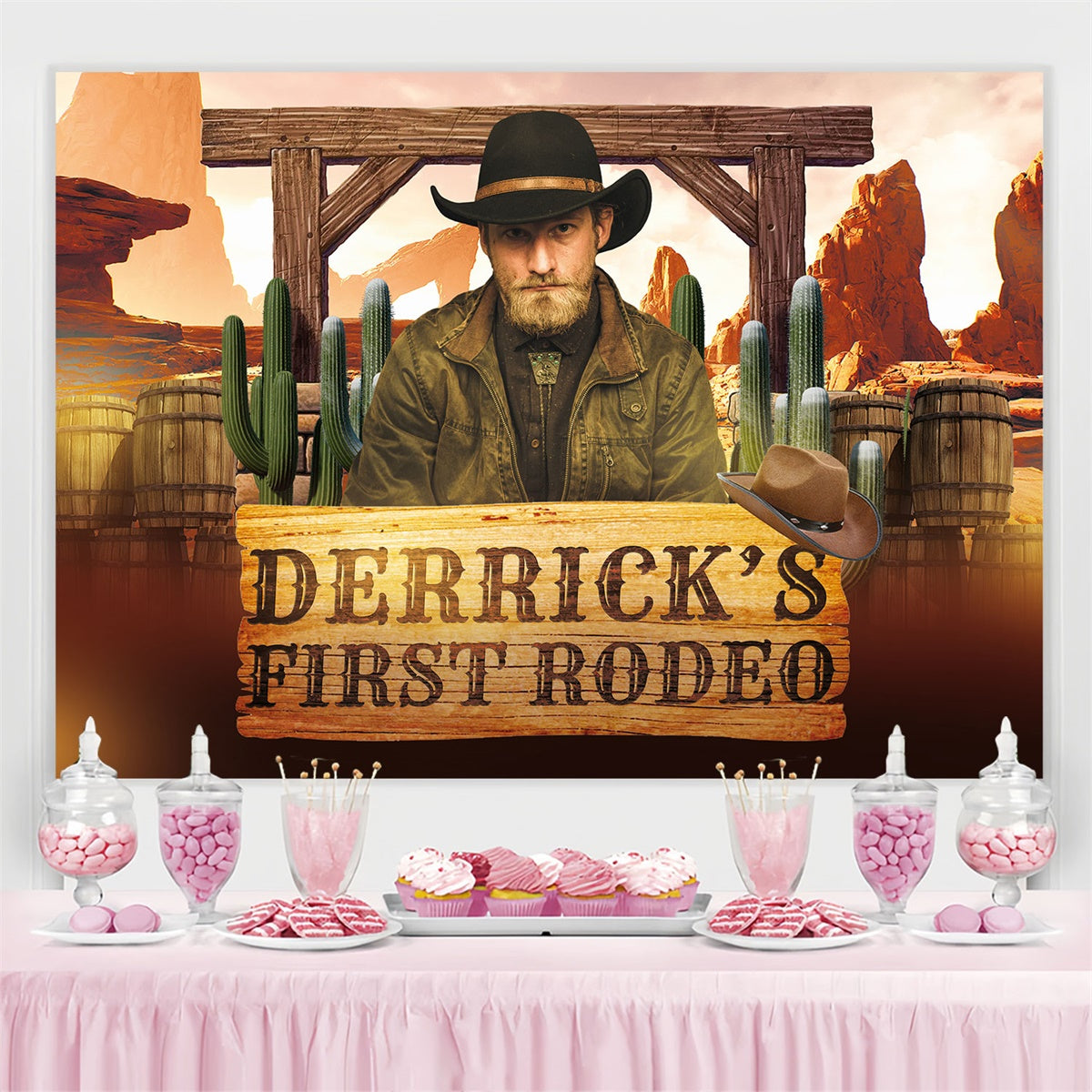 Personalisierte Kulisse für Geburtstag Kaktus Rustikale Cowboy Kulisse BRP3-42