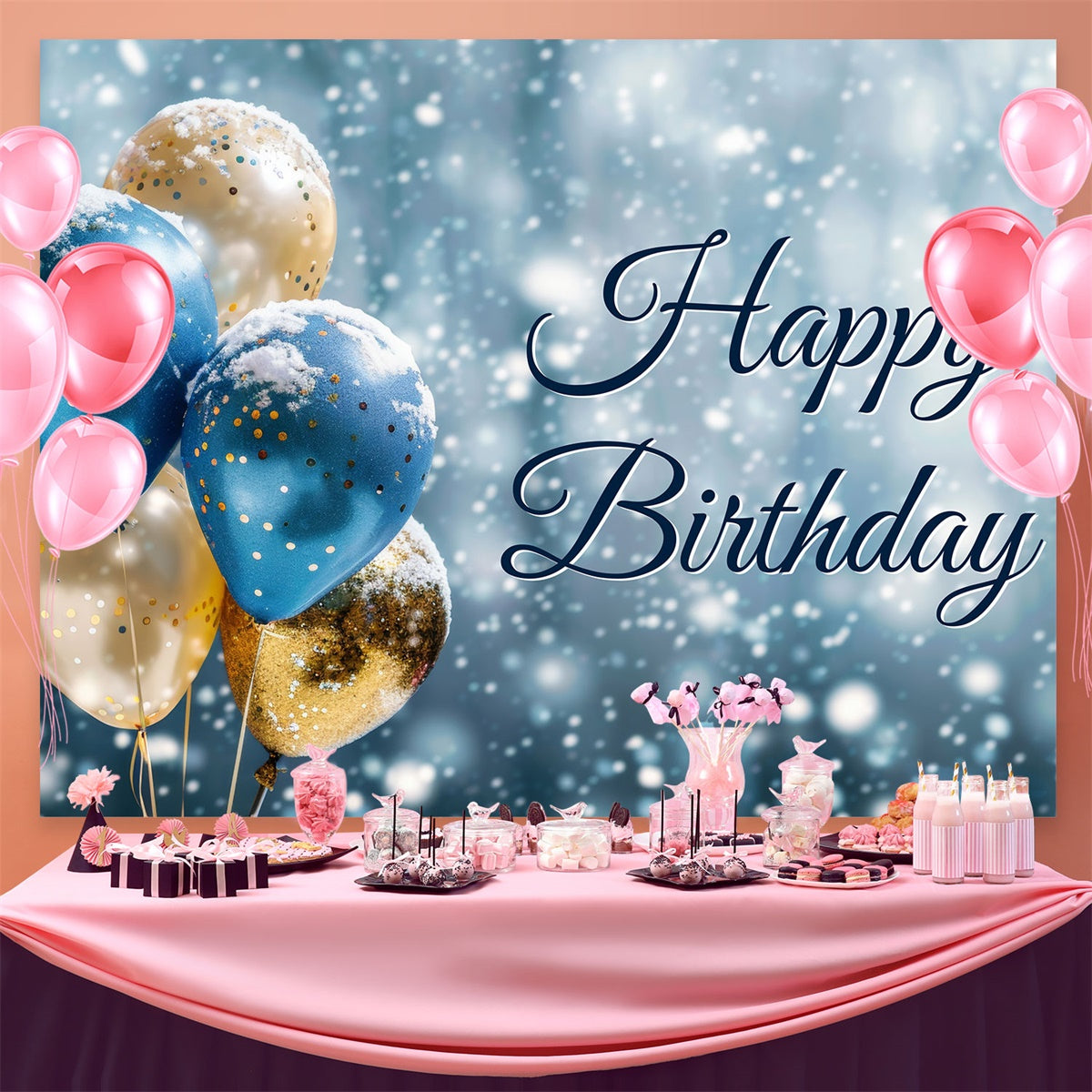 Custom Birthday Backdrops Winter Wonderland Ballons Backdrop BRP3-68