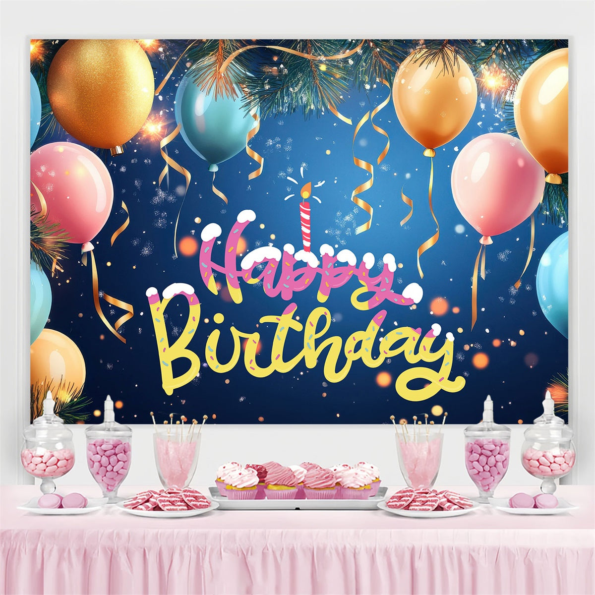 Individuelles Happy Birthday Backdrop Festliche Kiefer Luftballons Backdrop BRP3-70