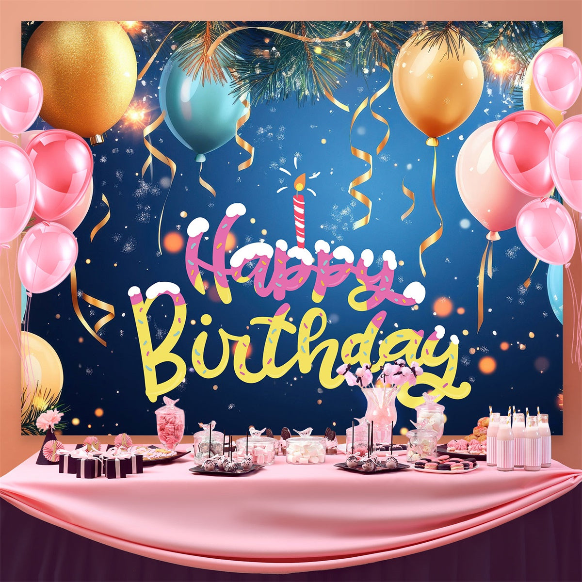 Individuelles Happy Birthday Backdrop Festliche Kiefer Luftballons Backdrop BRP3-70