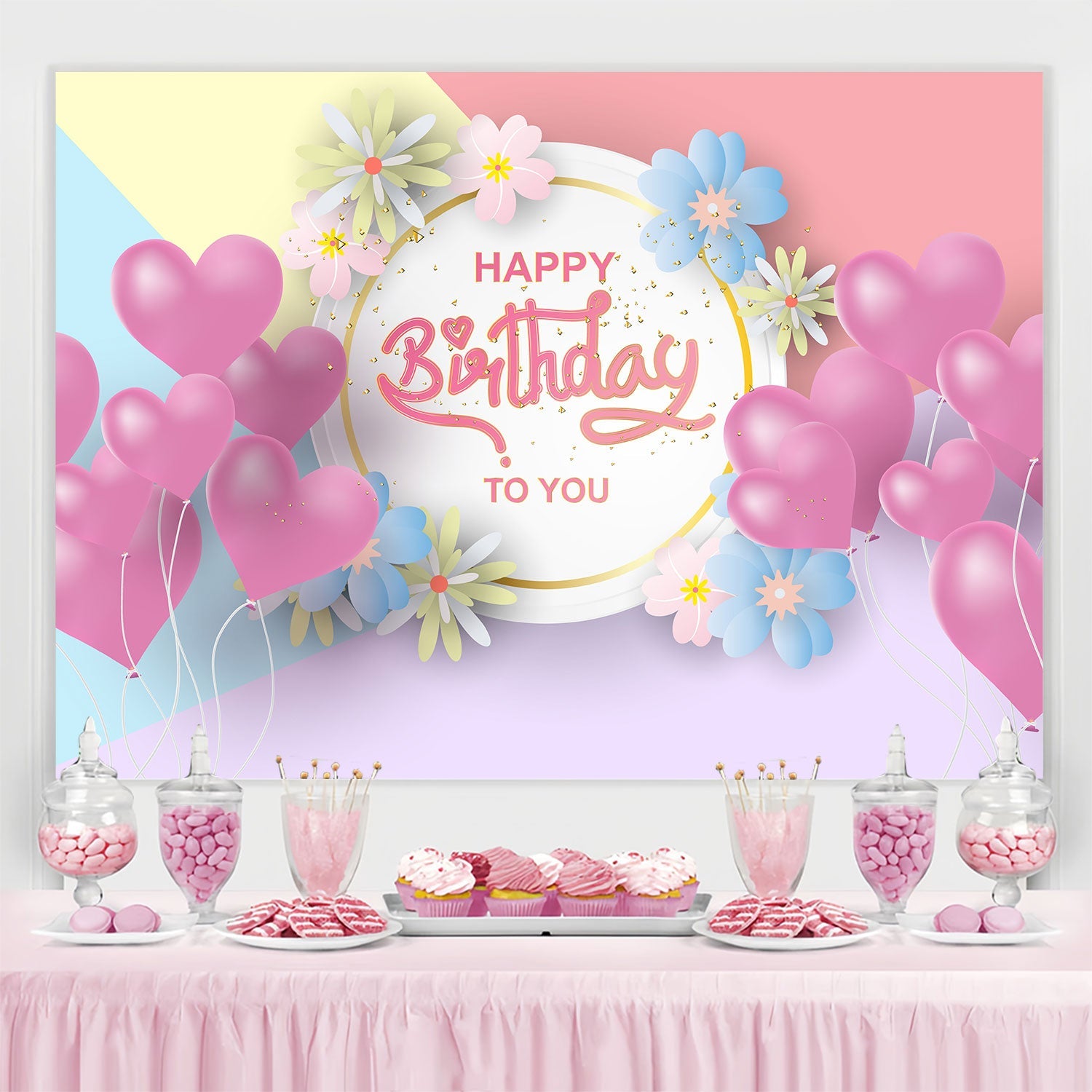 Customize Backdrop für Geburtstag Romantische Blumen Ballon Hintergrund BRP3-73