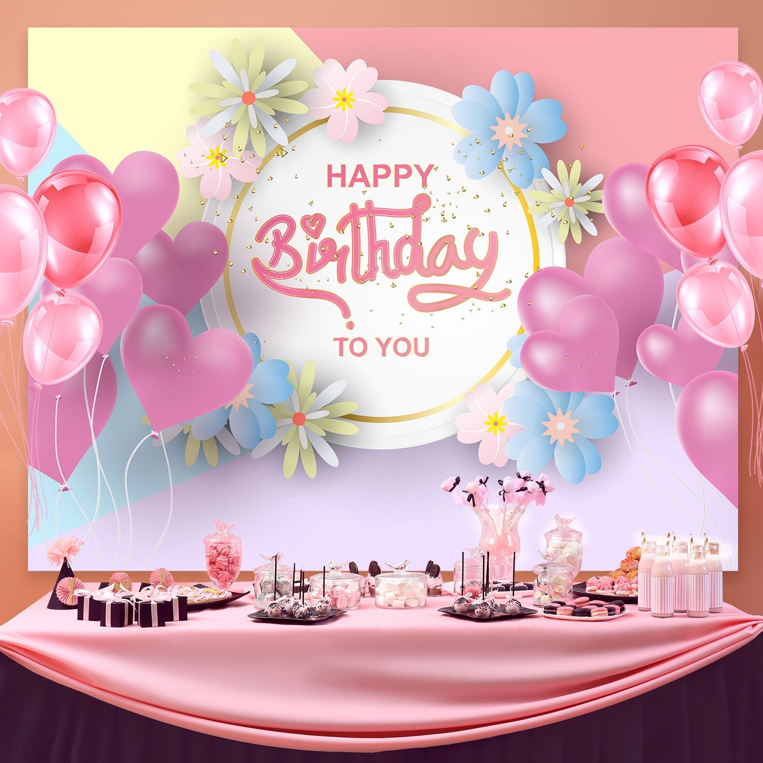 Customize Backdrop für Geburtstag Romantische Blumen Ballon Hintergrund BRP3-73